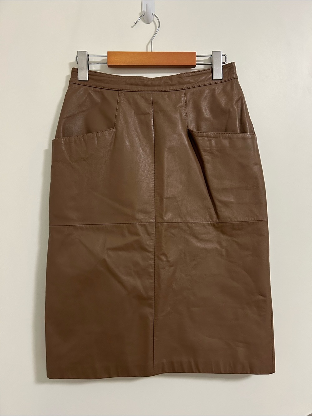 Vintage Yessica Brown Leather Pencil Skirt with Front Pockets Size 38